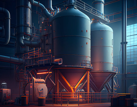 A futuristic factory designed for beer production, ai illustration. The facility boasts sleek, modern architecture and state-of-the-art equipment that ensures high-quality, efficient brewing.の素材