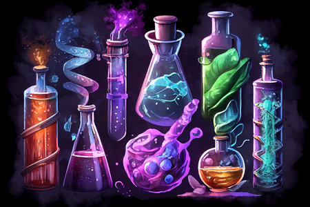 A set of colorful scientific tubes and flasks on a dark background, showcasing the beauty of science and experimentation, generative ai illustration in watercolor style.の素材
