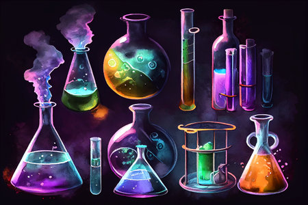 A set of colorful scientific tubes and flasks on a dark background, showcasing the beauty of science and experimentation, generative ai illustration in watercolor style.の素材