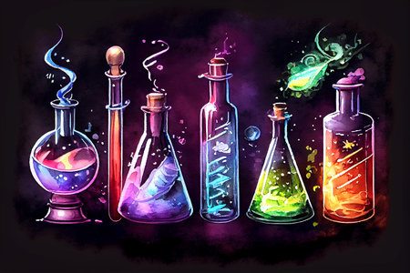 A set of colorful scientific tubes and flasks on a dark background, showcasing the beauty of science and experimentation, generative ai illustration in watercolor style.の素材