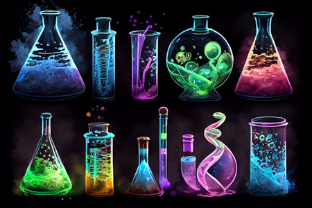 A set of colorful scientific tubes and flasks on a dark background, showcasing the beauty of science and experimentation, generative ai illustration in watercolor style.の素材