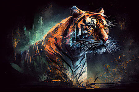 A tiger on a dark background, generative ai illustration. The use of contrasting colors enhances the tiger's natural beauty and power, while the dark background adds depth and drama to the artwork.の素材