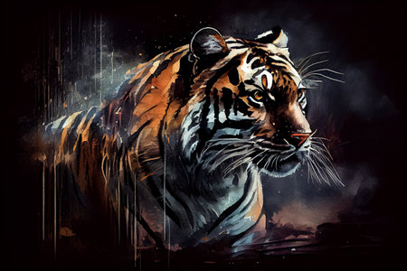 A tiger on a dark background, generative ai illustration. The use of contrasting colors enhances the tiger's natural beauty and power, while the dark background adds depth and drama to the artwork.の素材