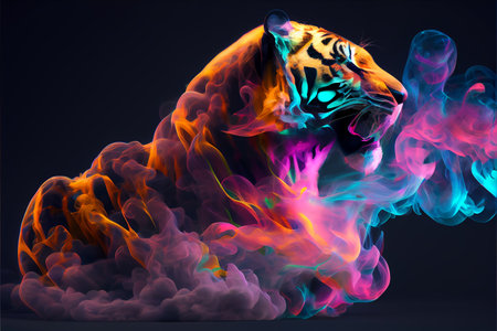 A tiger on a dark background, generative ai illustration. The use of contrasting colors enhances the tiger's natural beauty and power, while the dark background adds depth and drama to the artwork.の素材