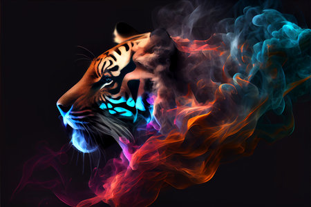 A tiger on a dark background, generative ai illustration. The use of contrasting colors enhances the tiger's natural beauty and power, while the dark background adds depth and drama to the artwork.の素材