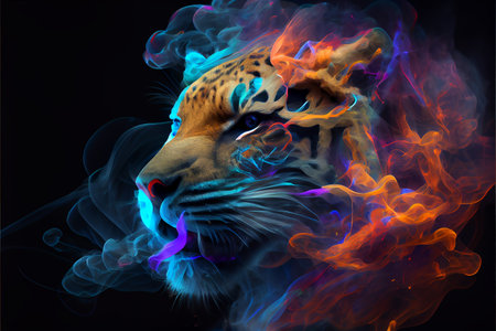 A tiger on a dark background, generative ai illustration. The use of contrasting colors enhances the tiger's natural beauty and power, while the dark background adds depth and drama to the artwork.の素材