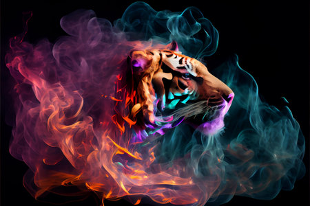 A tiger on a dark background, generative ai illustration. The use of contrasting colors enhances the tiger's natural beauty and power, while the dark background adds depth and drama to the artwork.の素材