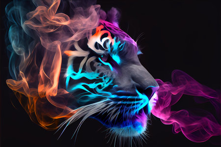 A tiger on a dark background, generative ai illustration. The use of contrasting colors enhances the tiger's natural beauty and power, while the dark background adds depth and drama to the artwork.の素材