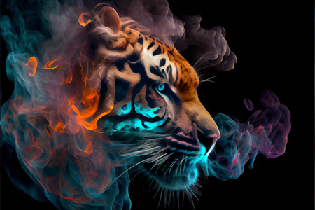A tiger on a dark background, generative ai illustration. The use of contrasting colors enhances the tiger's natural beauty and power, while the dark background adds depth and drama to the artwork.の素材