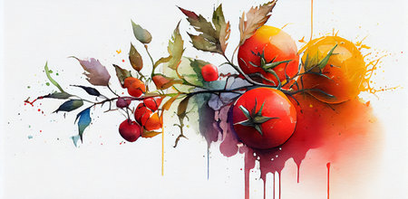 A beautiful illustration of ripe red tomatoes on a branch, set against a light background, with the soft light emphasizing their vibrant color and texture, generative aiの素材