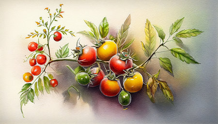 A beautiful illustration of ripe red tomatoes on a branch, set against a light background, with the soft light emphasizing their vibrant color and texture, generative aiの素材