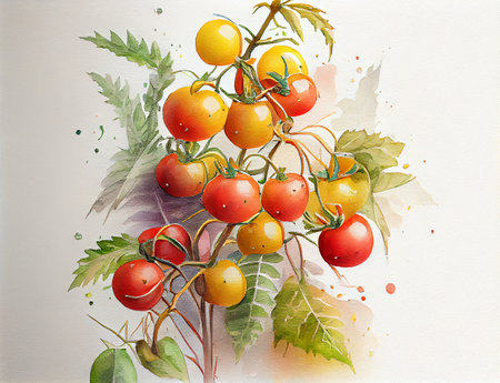 A beautiful illustration of ripe red tomatoes on a branch, set against a light background, with the soft light emphasizing their vibrant color and texture, generative aiの素材
