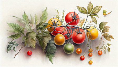 A beautiful illustration of ripe red tomatoes on a branch, set against a light background, with the soft light emphasizing their vibrant color and texture, generative aiの素材