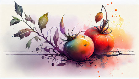 A beautiful illustration of ripe red tomatoes on a branch, set against a light background, with the soft light emphasizing their vibrant color and texture, generative aiの素材