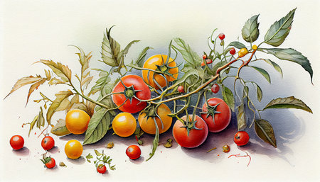 A beautiful illustration of ripe red tomatoes on a branch, set against a light background, with the soft light emphasizing their vibrant color and texture, generative aiの素材