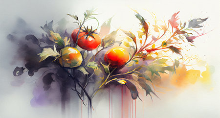 A beautiful illustration of ripe red tomatoes on a branch, set against a light background, with the soft light emphasizing their vibrant color and texture, generative aiの素材