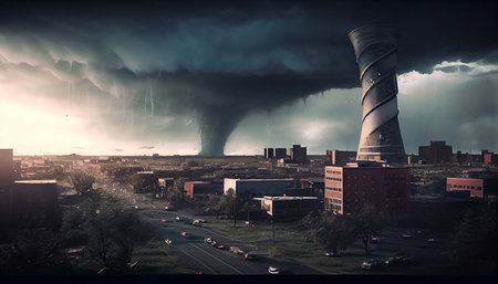 A tornado approaching a city, photorealistic generative ai illustration creating a sense of danger and impending disasterの素材
