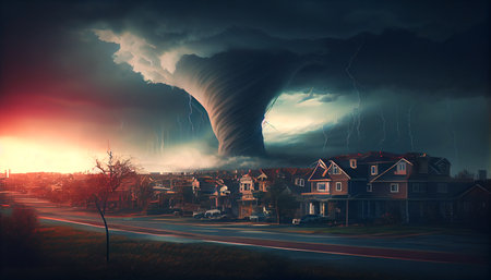 A tornado approaching a city, photorealistic generative ai illustration creating a sense of danger and impending disasterの素材