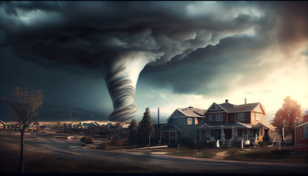 A tornado approaching a city, photorealistic generative ai illustration creating a sense of danger and impending disasterの素材