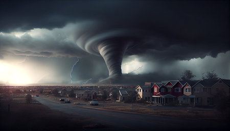 A tornado approaching a city, photorealistic generative ai illustration creating a sense of danger and impending disasterの素材