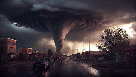 A tornado approaching a city, photorealistic generative ai illustration creating a sense of danger and impending disasterの素材