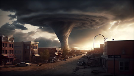 A tornado approaching a city, photorealistic generative ai illustration creating a sense of danger and impending disasterの素材