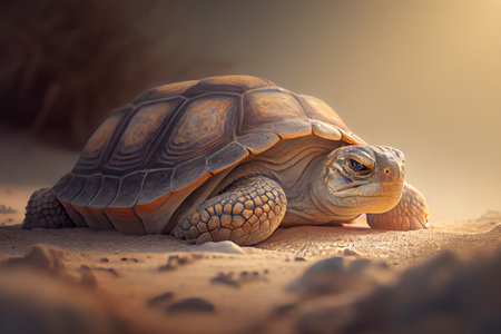 A stunning illustration of a tortoise resting on a warm surface, with the sun shining down on its shell, creating a beautiful contrast of light and shadow, generative aiの素材