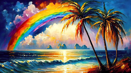 A stunning tropical island paradise with palm trees swaying in the gentle breeze, and a vibrant rainbow stretching across the sky, creating a breathtaking atmosphere, generative ai illustration.の素材