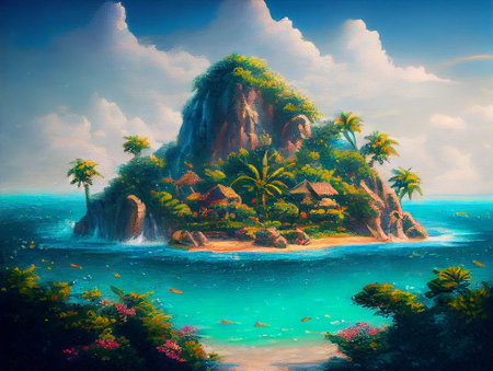 An exquisite tropical island with lush palm trees and a majestic mountain rising out of the ocean, surrounded by crystal clear waters, generative ai illustration.の素材