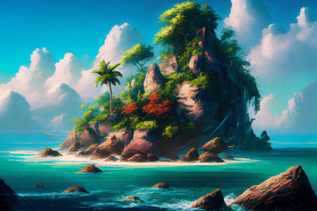 An exquisite tropical island with lush palm trees and a majestic mountain rising out of the ocean, surrounded by crystal clear waters, generative ai illustration.の素材