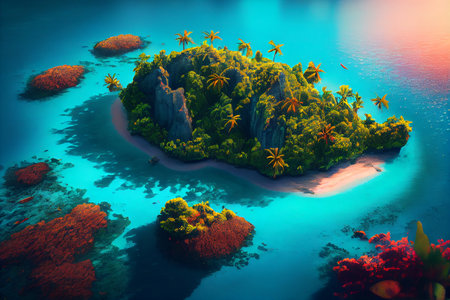 An exquisite tropical island with lush palm trees and a majestic mountain rising out of the ocean, surrounded by crystal clear waters, generative ai illustration.の素材