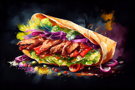 Turkish doner kebab, a delicious Turkish dish made of succulent and flavorful grilled meat, served on a warm pita bread with fresh vegetables, yogurt sauce, and spices, generative ai illustrationの素材