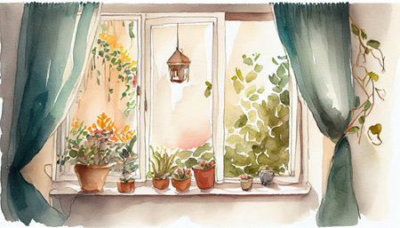 A view from a window with curtains, overlooking a small garden, generative ai illustration. The soft hues and intricate details create a peaceful atmosphereの素材