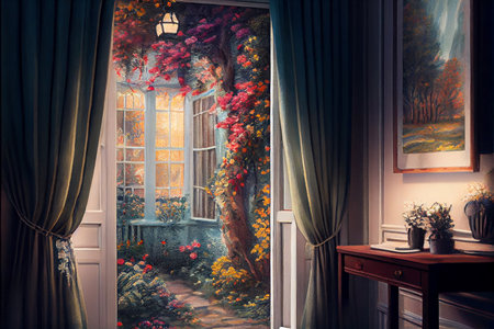 A view from a window with curtains, overlooking a small garden, generative ai illustration. The soft hues and intricate details create a peaceful atmosphereの素材