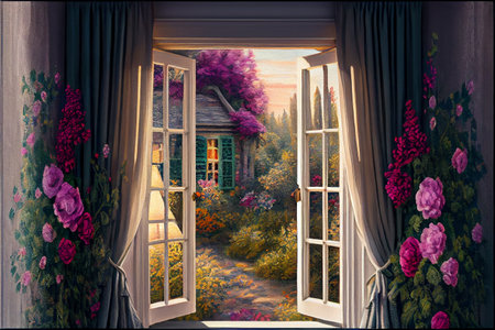 A view from a window with curtains, overlooking a small garden, generative ai illustration. The soft hues and intricate details create a peaceful atmosphereの素材