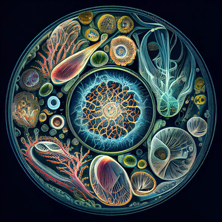 Human cells of different shape and color under microscope, generative ai illustrationの素材