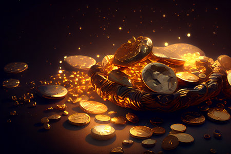 Colorful coins and gemstones, photorealistic generative ai illustration creating a dazzling display of wealth and luxuryの素材