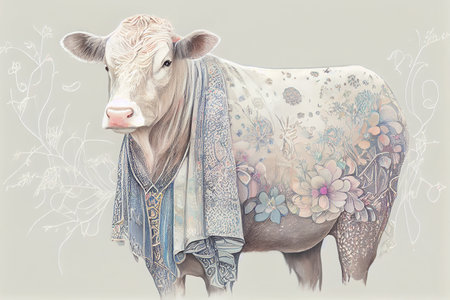 A cow generative ai illustration in boho style, featuring vibrant colors and intricate patterns. Perfect for bohemian home decor, art prints, or greeting cardsの素材