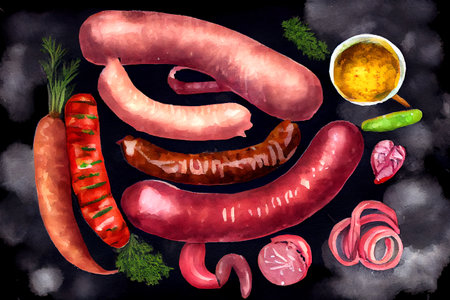 Juicy sausages arranged on a dark background, highlighting their textures and colors, with droplets of oil and spices, generative ai illustration in watercolor styleの素材