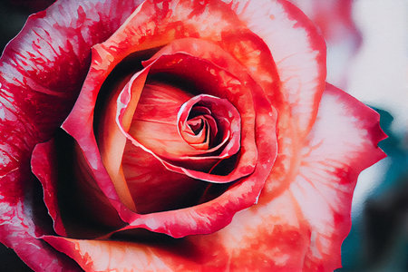 A beautiful illustration of a close-up view of a rose flower, with delicate petals in shades of pink and red, generative ai illustration in watercolor styleの素材
