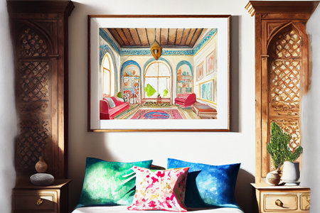 Room interior in Turkish style, intricate design elements of traditional Turkish decor, generative ai illustration. The use of warm colors and intricate patterns creates a cozy and inviting atmosphereの素材