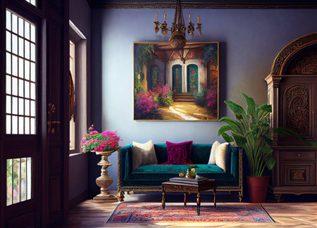Room interior in Turkish style, intricate design elements of traditional Turkish decor, generative ai illustration. The use of warm colors and intricate patterns creates a cozy and inviting atmosphereの素材