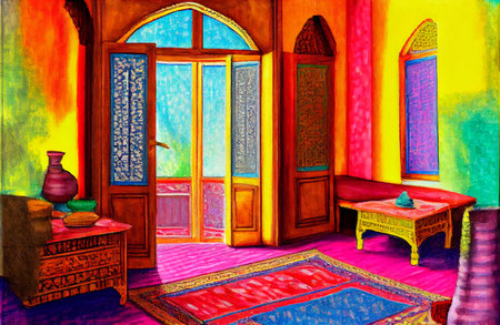 Room interior in Turkish style, intricate design elements of traditional Turkish decor, generative ai illustration. The use of warm colors and intricate patterns creates a cozy and inviting atmosphereの素材
