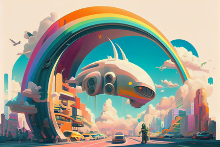 A vibrant and colorful cartoon-style illustration featuring a futuristic world with flying machines, set against a rainbow backdrop, generative ai illustrationの素材