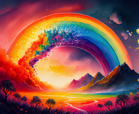 A rainbow arcing over a landscape, the vibrant colors of the spectrum captured in stunning detail, ai illustrationの素材
