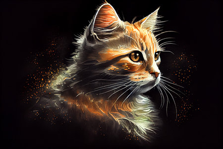 A vibrant portrait of an orange cat against a dark background, capturing its curious and playful personality, generative ai illustration. Ideal for cat lovers and art enthusiasts alike.の素材