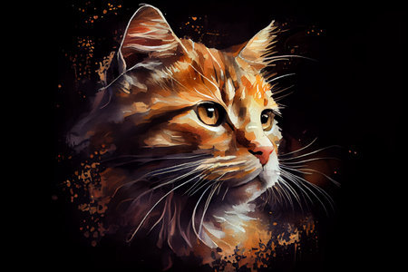 A vibrant portrait of an orange cat against a dark background, capturing its curious and playful personality, generative ai illustration. Ideal for cat lovers and art enthusiasts alike.の素材
