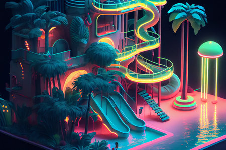 A colorful and vibrant waterpark illuminated with neon lights, creating a stunning and energetic atmosphere, generative ai illustrationの素材