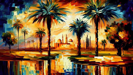 An oasis in a desert landscape with a beautiful array of palm trees, providing shade and a cool respite from the hot sun, generative ai illustration.の素材