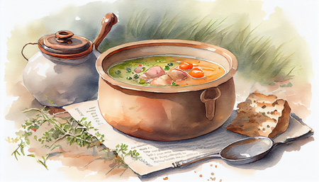 A steaming hot soup served in a pan with rich broth and chunks of vegetables, garnished with herbs or spices, ai generated illustration in watercolor styleの素材